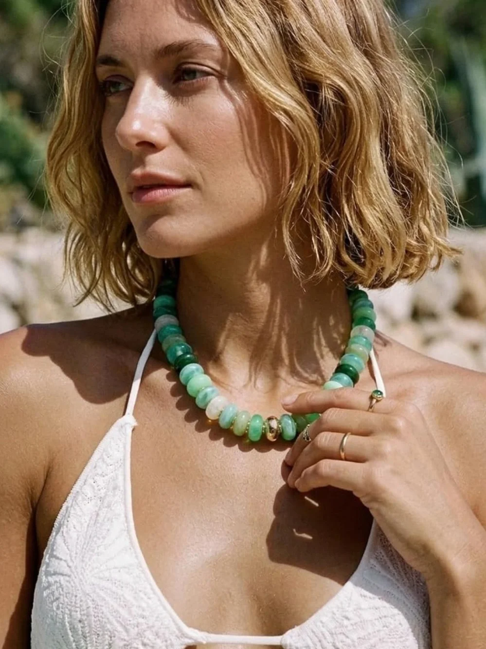 Statement Green Beaded Necklace with Gold Accents